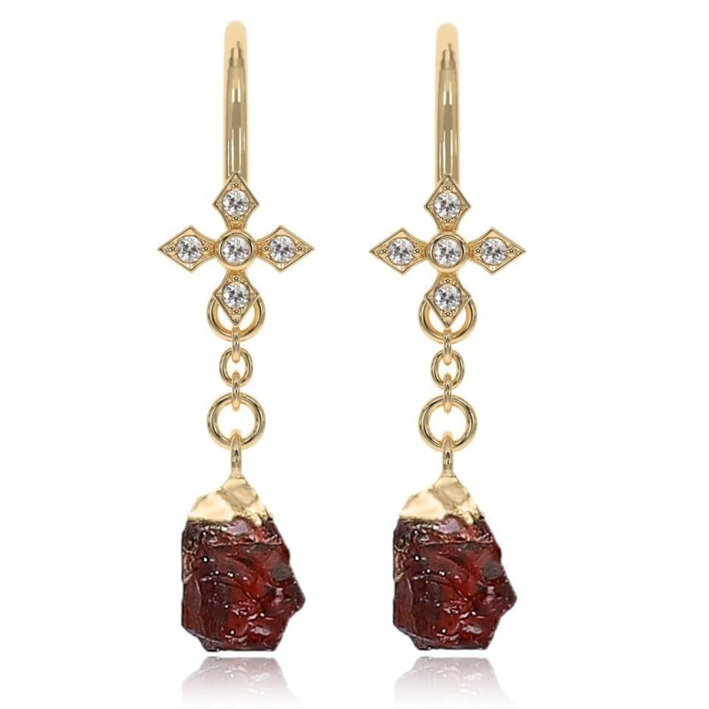 4297 Garnet Earrings in Raw Stone Dangle Drop Shape - 18K Gold Vermeil